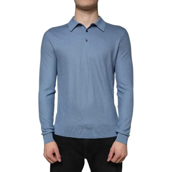 Dolce Gabbana Sky Blue Silk Collared Men Pullover Sweater